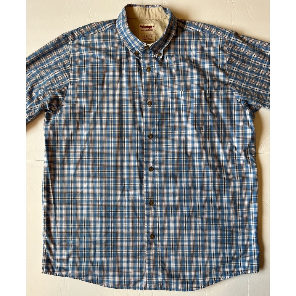 WRANGLER - Men's Short Sleeve Blue Button Plaid Western Shirt - Large